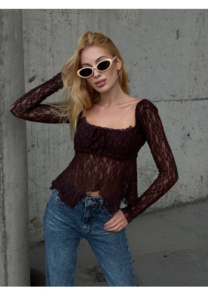 Ekru Peplum Etek Ucu Fırfırlı Güpür Bluz Uzun Kol Bağlama Detaylı Kare Yaka Şık Bluz indirimleri