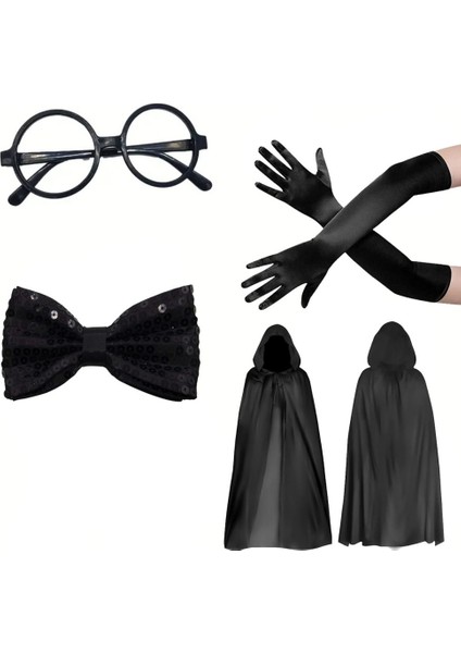Siyah Kapüşonlu Büyücü ve Cadı Pelerin Kostüm Seti (4 Parça)