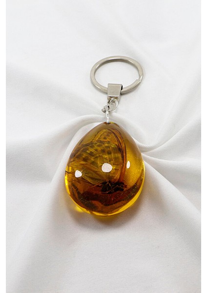 Kehribar Rengi Damla Gerçek Kelebek Fosili Anahtarlık, Kelebekli Hediyelik Anahtarlık modelleri