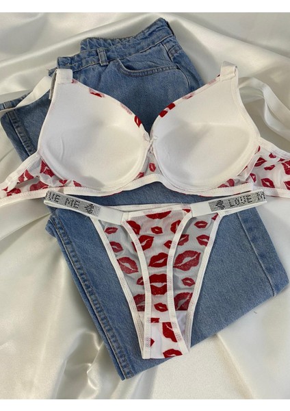 Kadın Öpücük Baskılı Taşlı Balenli Destekli Dolgulu Push Up Sütyen Takımı Iç Çamaşırı Takımı fırsatları