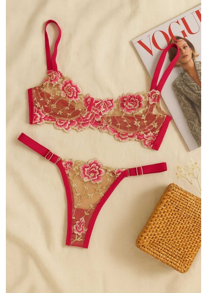 Fuşya Çiçek Işlemeli Transparan Bralet ve Tanga Takım