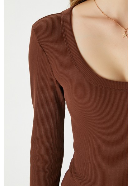 Kadın Anita Tok Doku Pamuklu Fittili Kahverengi Basic Bluz modelleri