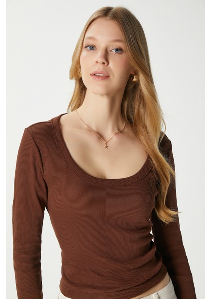Kadın Anita Tok Doku Pamuklu Fittili Kahverengi Basic Bluz fırsatları