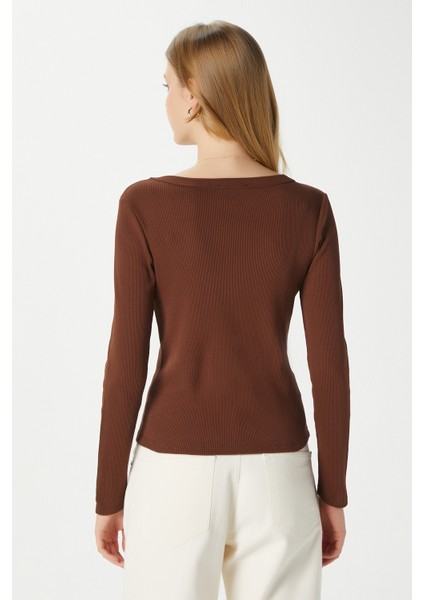 Kadın Anita Tok Doku Pamuklu Fittili Kahverengi Basic Bluz indirimleri