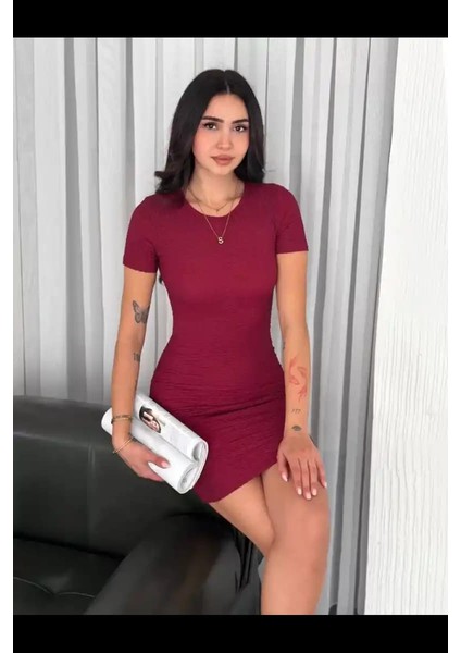 Kadın Bisiklet Yaka Kısa Kol Likralı Elbise - Bordo