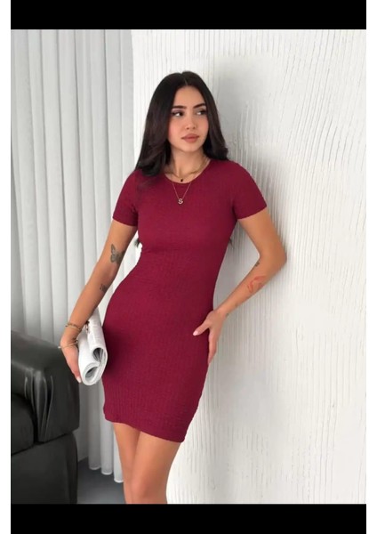 Kadın Bisiklet Yaka Kısa Kol Likralı Elbise - Bordo fiyatları