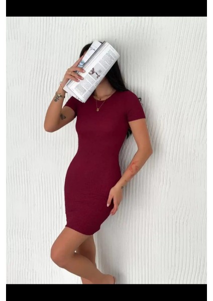 Kadın Bisiklet Yaka Kısa Kol Likralı Elbise - Bordo modelleri