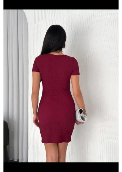 Kadın Bisiklet Yaka Kısa Kol Likralı Elbise - Bordo fırsatları