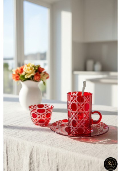 El Yapımı Kristal Desenli Kırmızı 6 Kişilik Çay Takımı Set 18 Parça
