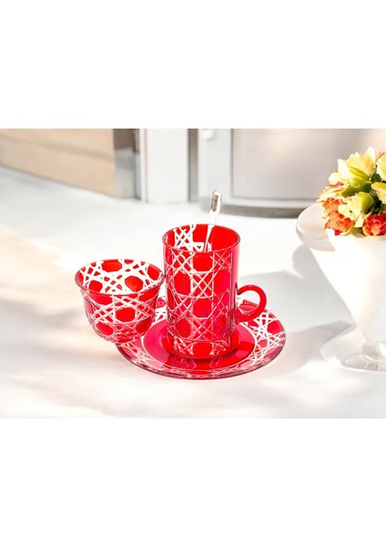 El Yapımı Kristal Desenli Kırmızı 6 Kişilik Çay Takımı Set 18 Parça fiyatları