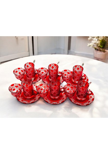 El Yapımı Kristal Desenli Kırmızı 6 Kişilik Çay Takımı Set 18 Parça modelleri