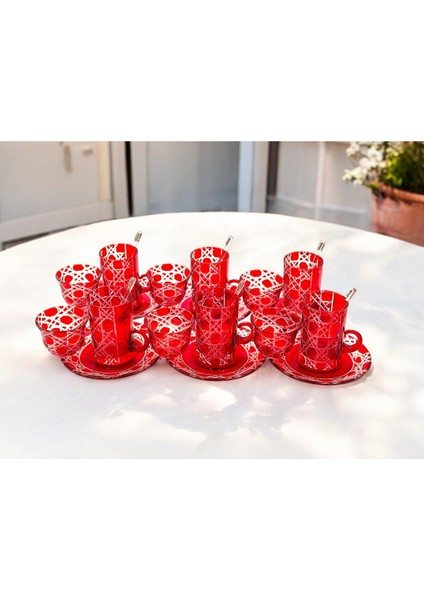 El Yapımı Kristal Desenli Kırmızı 6 Kişilik Çay Takımı Set 18 Parça fırsatları