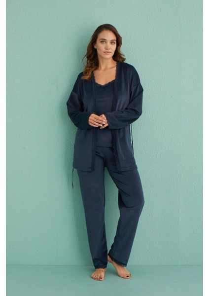 Mihra 13402 Kadın Kadife 3'lü Pijama Takımı
