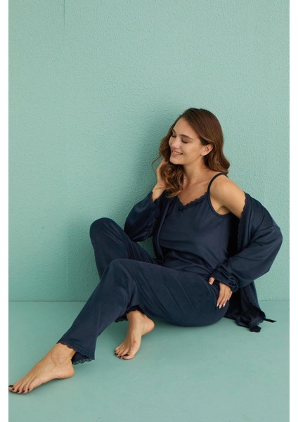 Mihra 13402 Kadın Kadife 3'lü Pijama Takımı modelleri