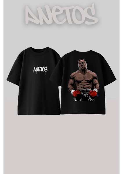 Mıke Tyson 5 Tasarım Sırt Baskılı Pamuk Siyah Oversize T-Shirt