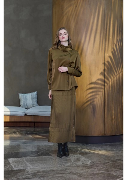 Saten Pliseli Etek Takım Yağ Yeşili 38015