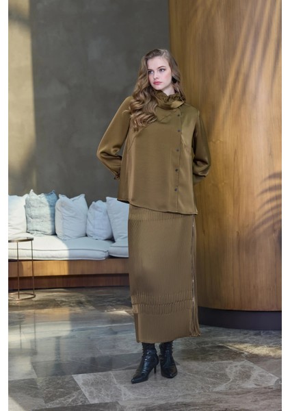 Saten Pliseli Etek Takım Yağ Yeşili 38015 modelleri