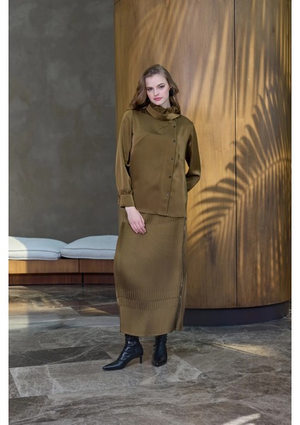 Saten Pliseli Etek Takım Yağ Yeşili 38015 indirimleri
