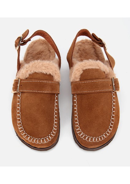 01TEH315700A370 KADIN Süet Deri Taba Içi Kürklü Sabo Terlik