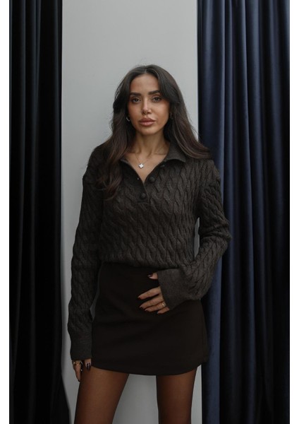 Acı Kahve Yakası Kaplama Düğmeli Saç Örgü Kazak fiyatları