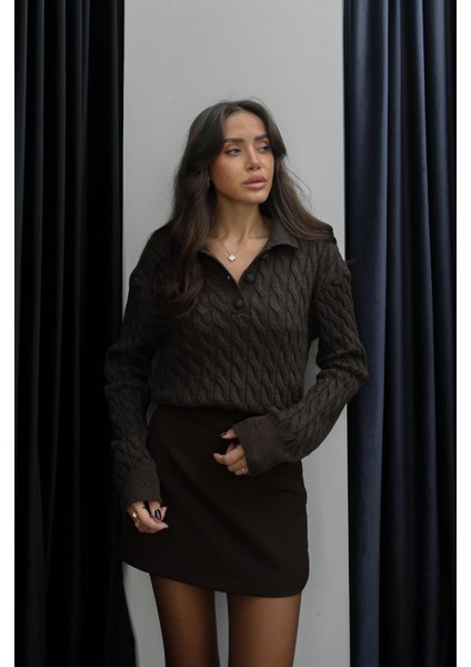 Acı Kahve Yakası Kaplama Düğmeli Saç Örgü Kazak modelleri