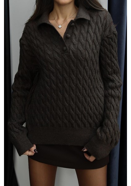 Acı Kahve Yakası Kaplama Düğmeli Saç Örgü Kazak fırsatları