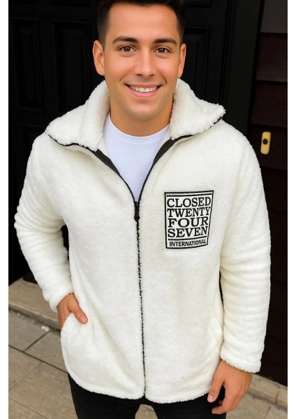 Erkek Polar Fermuarlı Sweatshirt – Kapüşonsuz, Cepli, Yumuşak Dokulu, Oversize Rahat Kalıp, Kışlık Sıcak Tutan Fermuarlı Üst - Beyaz