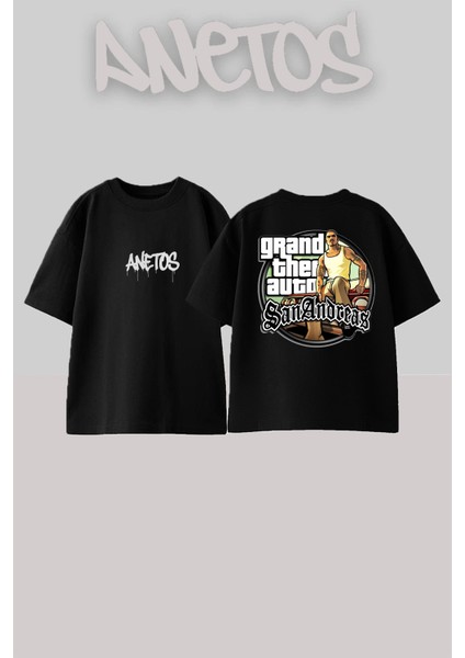 Gta Sanandreas 1 Tasarım Sırt Baskılı Pamuk Siyah Oversize T-Shirt