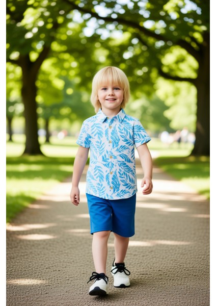 Erkek Çocuk Tropikal Baskılı Kısa Kollu Gömlek ve Şort Takımı Kaliteli Şık Rahat