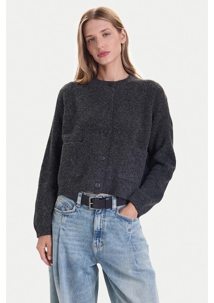 Kadın Onlpıemonte Sıfır Yaka Torba Cepli Yünlü Hırka 15344118 Koyu Gri