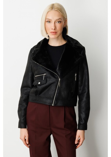 Kadın Peluşlu Güderi Mont 8011 Siyah