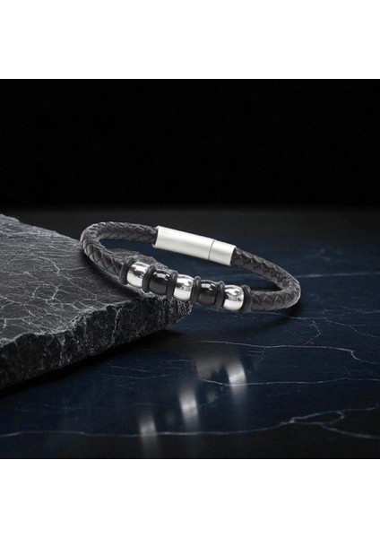 Orijinal Deri ve 316L Çelik Siyah Erkek Bileklik 9594B21D1 modelleri