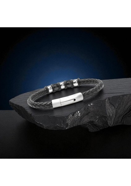 Orijinal Deri ve 316L Çelik Siyah Erkek Bileklik 9594B21D1 fırsatları