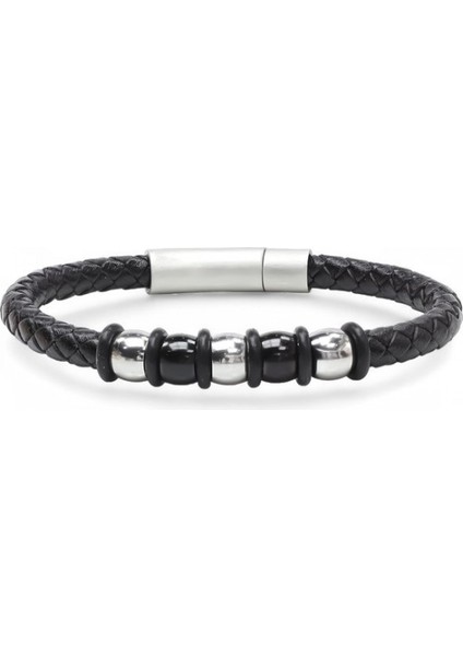 Orijinal Deri ve 316L Çelik Siyah Erkek Bileklik 9594B21D1 indirimleri