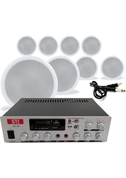 Kafe Mağaza Ofis Için 8’li Beyaz Tavan Hoparlörlü 100V Ses Sistemi Paketi