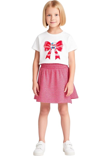 Kız Çocuk Pamuklu Üst ve Etek Takımı Eğlenceli Fiyonk ve Ayıcık Baskılı Kaliteli Şık Rahat fiyatları