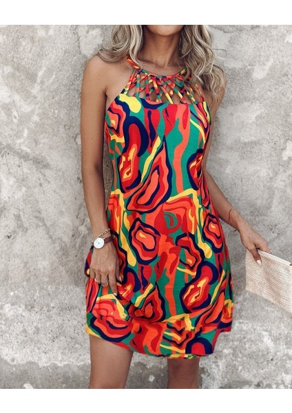 Kadın Omuzlardan Açık Çapraz Şerit Detaylı Desenli Süprem Elbise modelleri