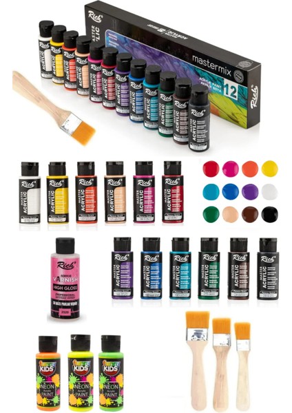 Mastermix 12X60CC Akrilik Boya + 3 Adet Funny Kıds Akrilik Neon Boya 60 cc Vernik Fırça Set