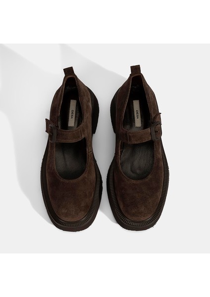 Kadın Kahve Ayarlanabilir Tokalı Mary Jane Süet Günlük Ayakkabı