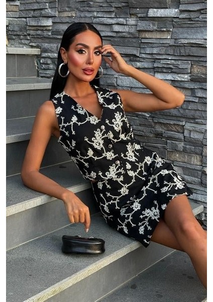 Nakışlı Yelek Şort Etekli Keten Takım 10226-08 indirimleri