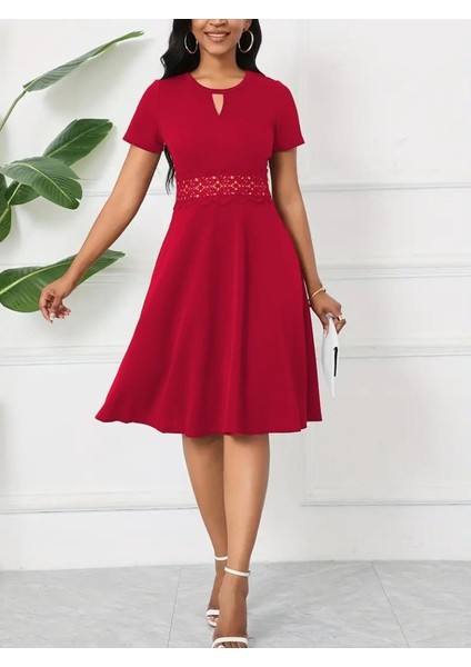 Kadın Kısa Kollu Yuvarlak Yaka Damla Detaylı Janjan Elbise fiyatları