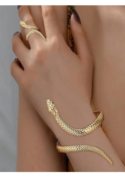 14K Altın Kaplama Yılan Bilezik Yüzük Set