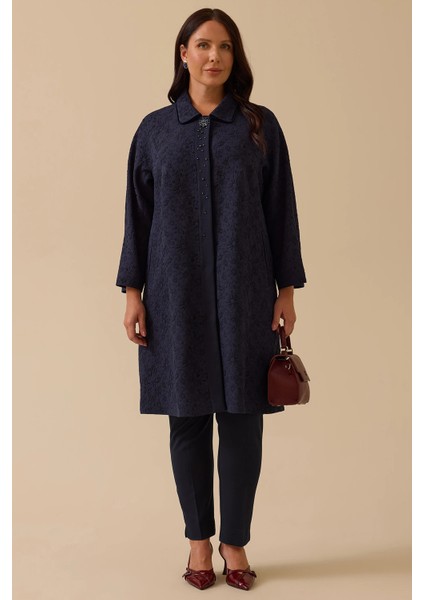 Kadın Büyük Beden Desenli Jakar Kap 4003 Lacivert
