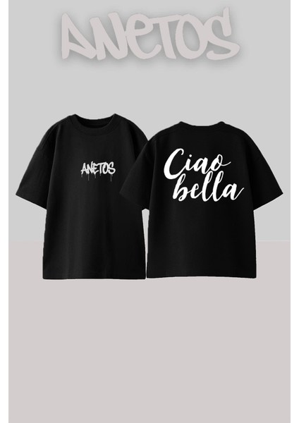 Ciao Hello Tasarım Sırt Baskılı Pamuk Siyah Oversize T-Shirt