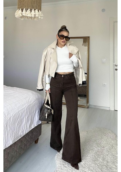 Dikiş Detay Denim Palazzo Pantolon Kahverengi