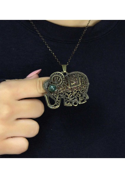 Doğal Taş Yeşil Akik Doğal Taşlı Fil Modelli Antik Kadın Kolye EUK43YA