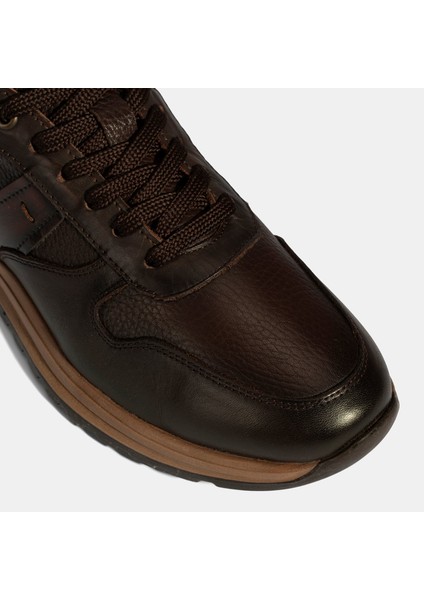 Erkek Kahve Bağcıklı Deri Sneaker