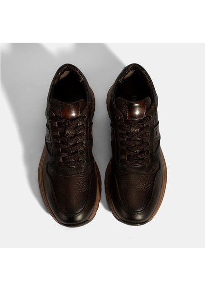 Erkek Kahve Bağcıklı Deri Sneaker