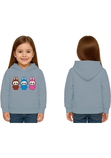 Unisex Baskılı Çocuk Swaetshirt Labubu Baskılı Kapüşonlu 3 Iplik Şardonlu