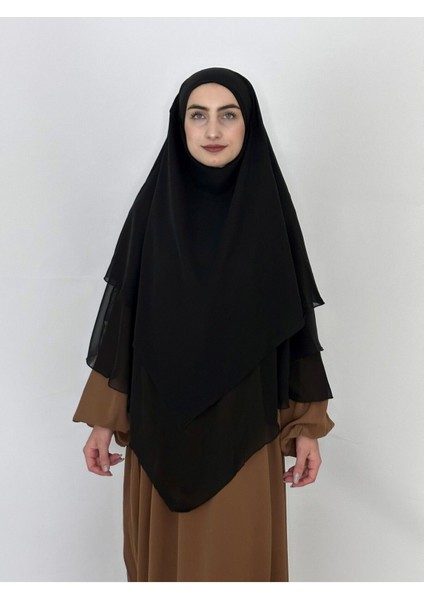 Üç Katlı Multı Sifon Sufle Eşarp ,khimar Hazır Eşarp Bağcıklı Eşarp Peçeli Siyah